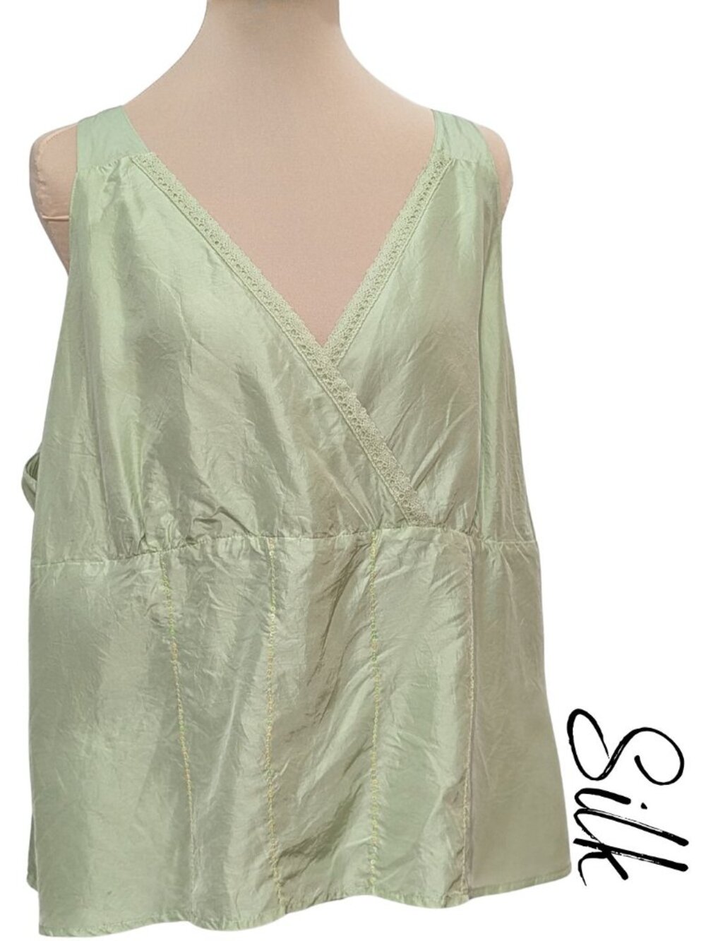 Silk J. Jill Sleeveless Top Sage Green Lace Trim Sequins